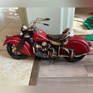 Indian Sculpture Motorcycle 1940s. It has real rubber wheels. 24in long.